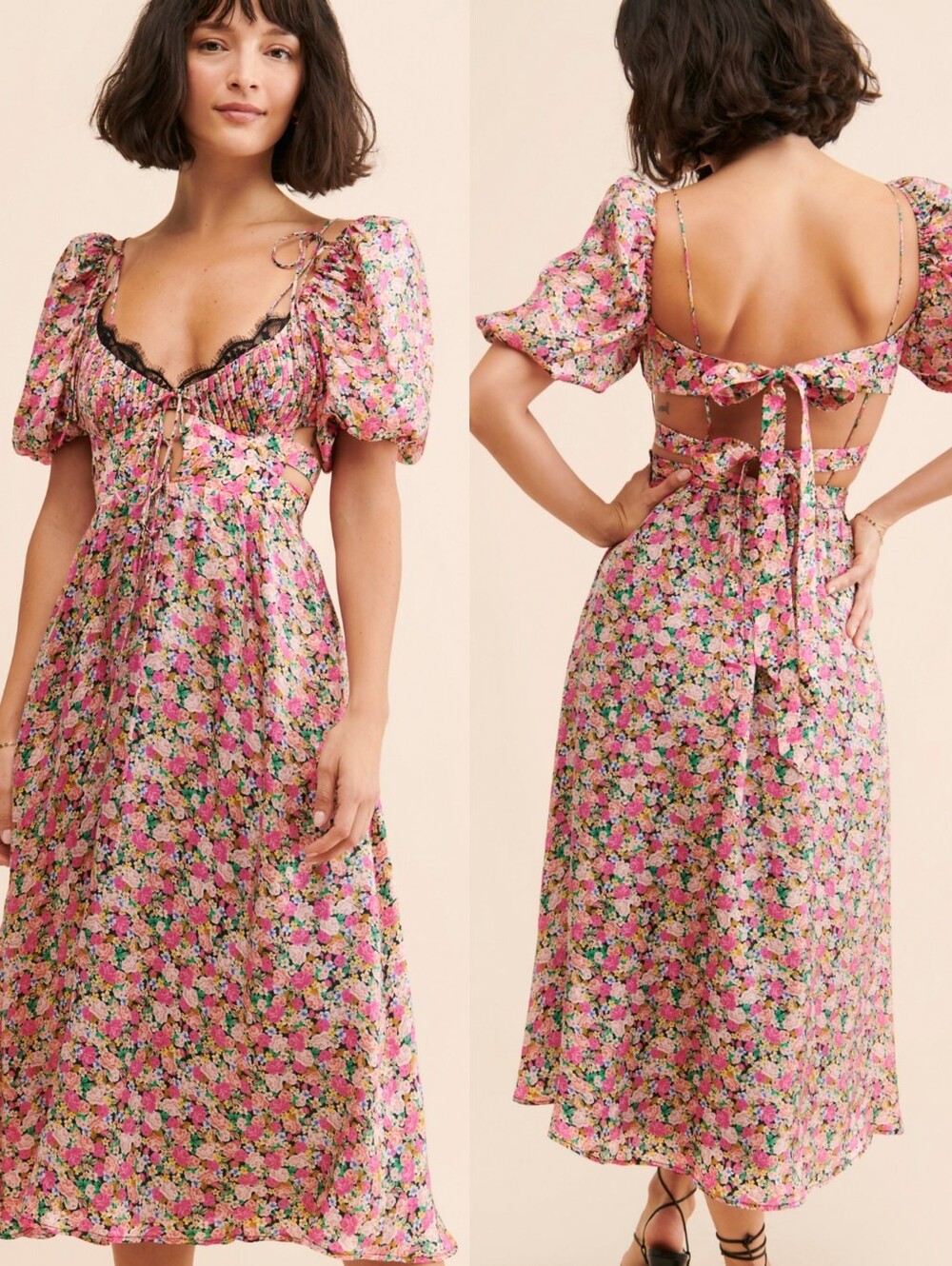 For Love & Lemons Isadora Dress Floral Midi Dress withβ Puff Sleeves In Multi